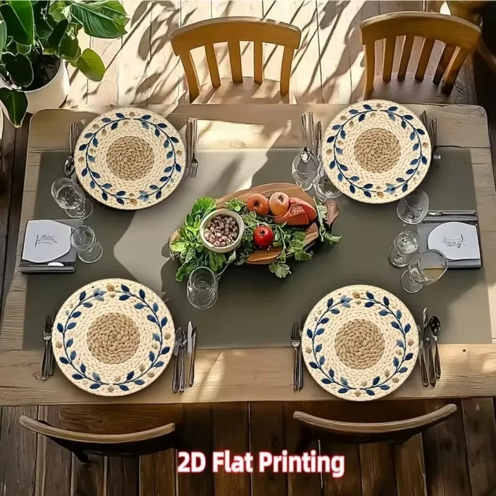 14.96in Printed Placemats Flower Printed Pattern 2D Flat Imitation Rattan Placemats Round Shape Wipeable Round Table Mats