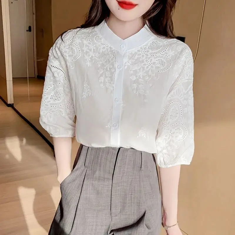 Summer Stand Collar Fashion Half Sleeve Shirt Women Elegant Embroidered Button Patchwork Cardigan Sweet Pure Cotton Chic Tops