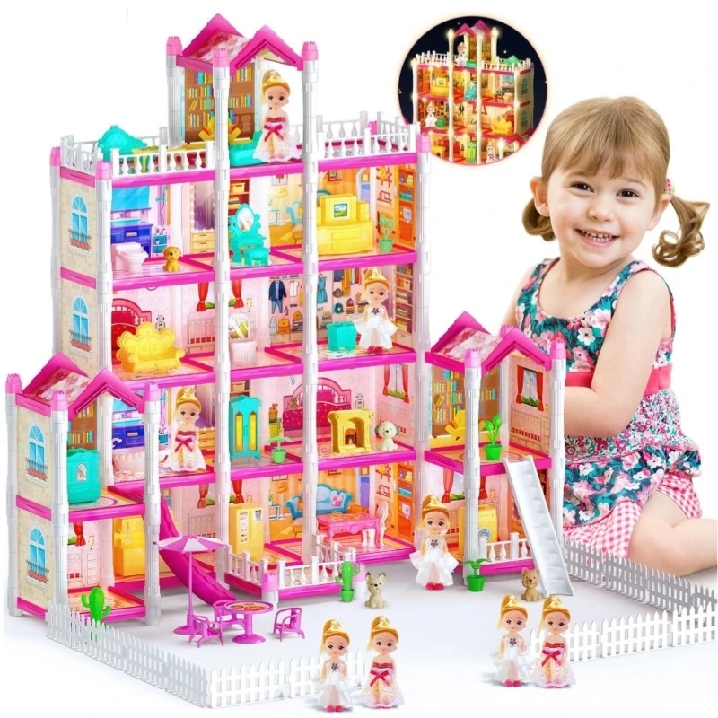 VATOS Pink Dollhouse for Girls 5 Story 17 Rooms Luxury DIY Play Light-up Building House Dolls Toy Dream Christmas Birthday Gifts