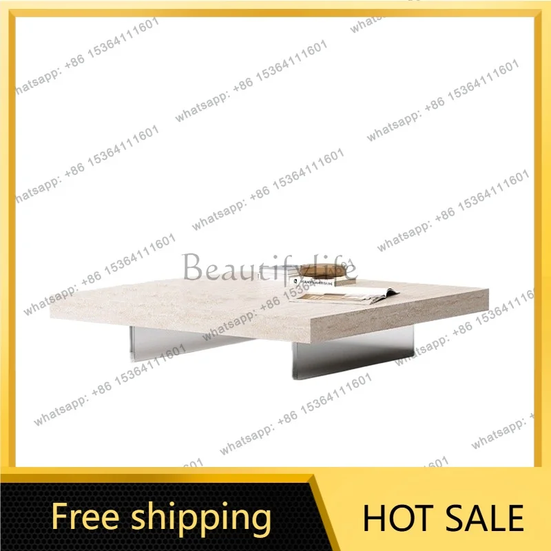YJ Italian Minimal Floating Square Coffee Table Travertine Slab Acrylic Base For Small‑Scale Living Home