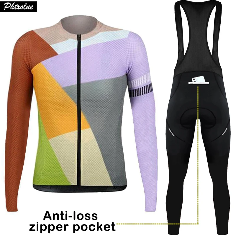 

Phtxolue Anti-Loss Zipper Pocket Long Sleeve Cycling Set Men Women Mountain Bike Clothing Breathable Bicycle Jerseys Set Clothes