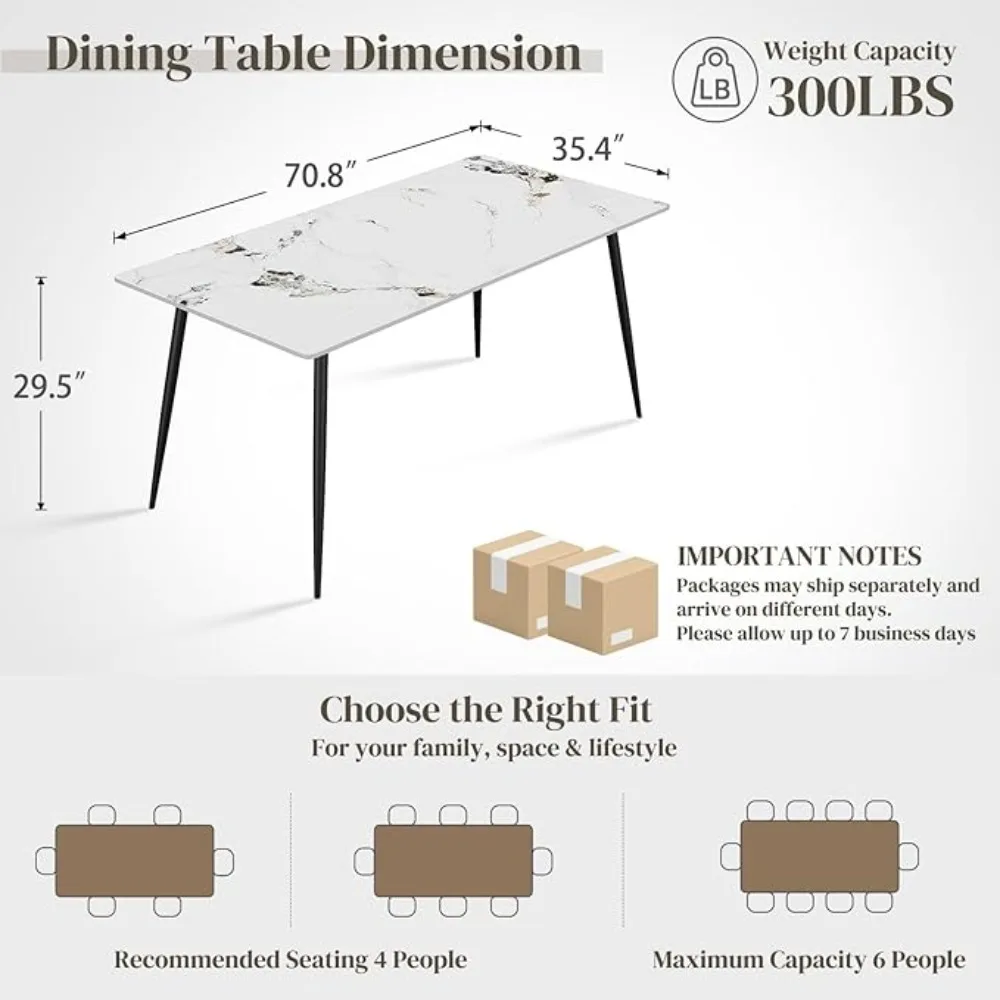 Dining Table with Sintered Stone Tabletop and Metal Legs,70" Rectangular Modern Kitchen & Dining Room Table With 6 Dining Chairs