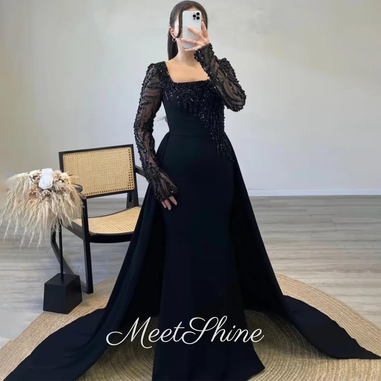 

Платье для выпускного вечера с длинными рукавами и кристаллами, черное вечернее платье с бусинами, расшитое блестками, длиной до пола, свадебное платье в Саудовской Аравии, 2025 г.