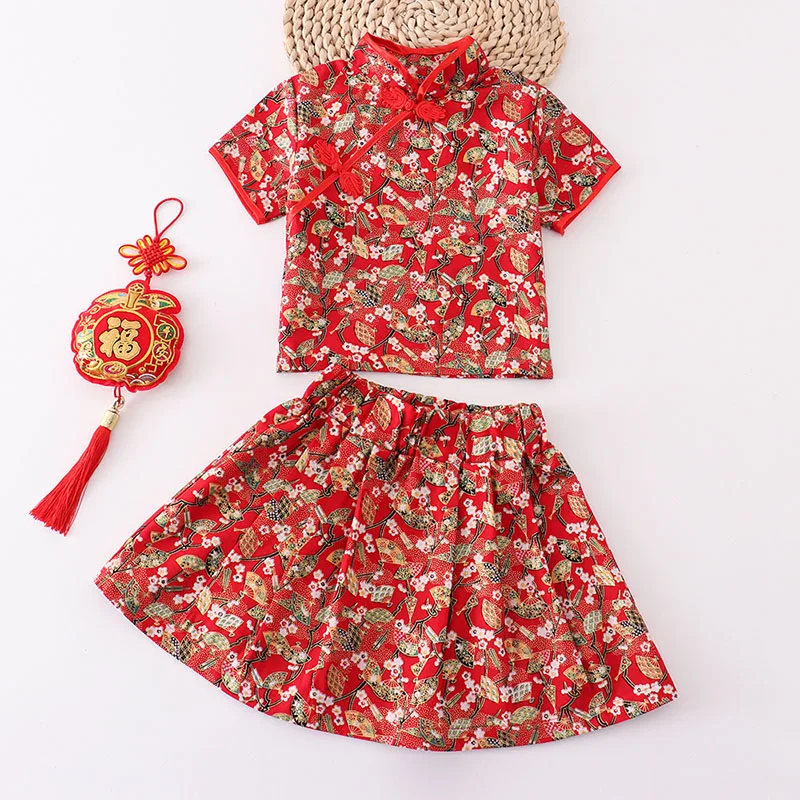 

Chinese Style Kid Girl Clothes Qipao Tops+Skirt 2Pcs Suit Toddler Perform Outfit Infant Birthday Party Cheongsam Costume A1313