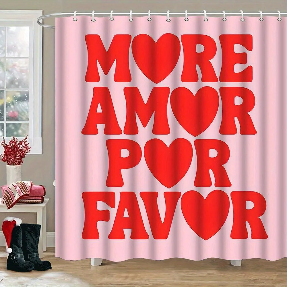 

1pc More Amor Por Favor Printed Shower Curtain with Hooks - Thickened Polyester Fabric, Vibrant Red Heart Design, Machine Washab