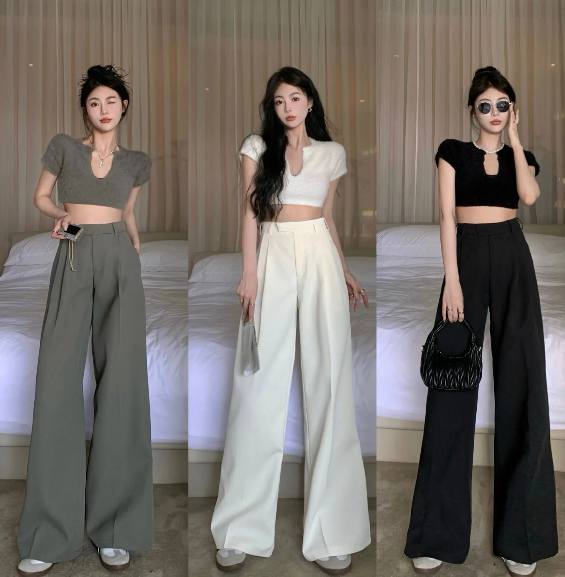 

2023 Spring Summer Casual Pants For Women's Pure Black White Loose Straight Trousers High Waist And Thin Wide Leg Pants