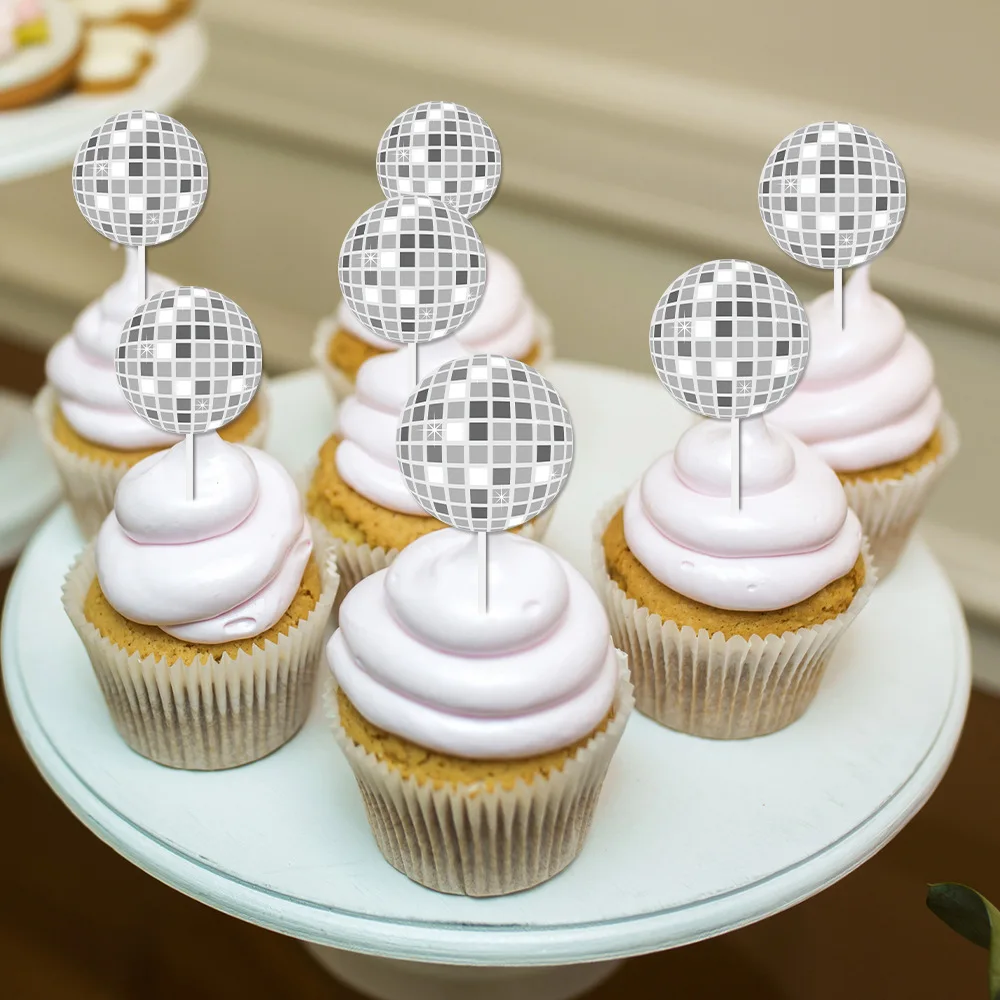 12/24pcs Glitter Disco Ball Cake Toppers 1970s Disco Ball Cake Picks Disco Theme Dance Birthday Bachelorette Party Decoration