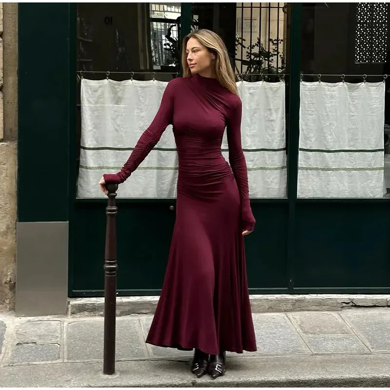 2025 exy Red Long Sleeved Women's Dress Autumn O Neck Slim Fit Red Spicy Girl Long Dress New Casual High Street Wrapped Skirt