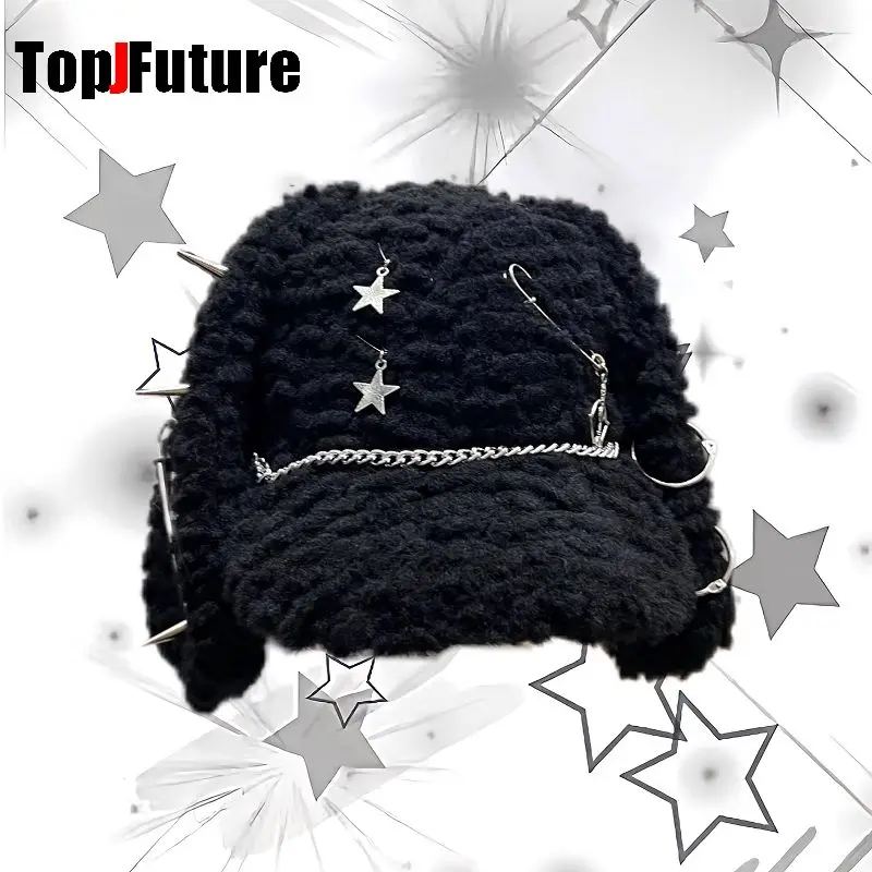 Harajuku Gothic Lolita Cat Ear Hat Women Punk stars Chain Subculture Spice Girl Beanie Hat Y2K Girls Star Chain Long eared hat