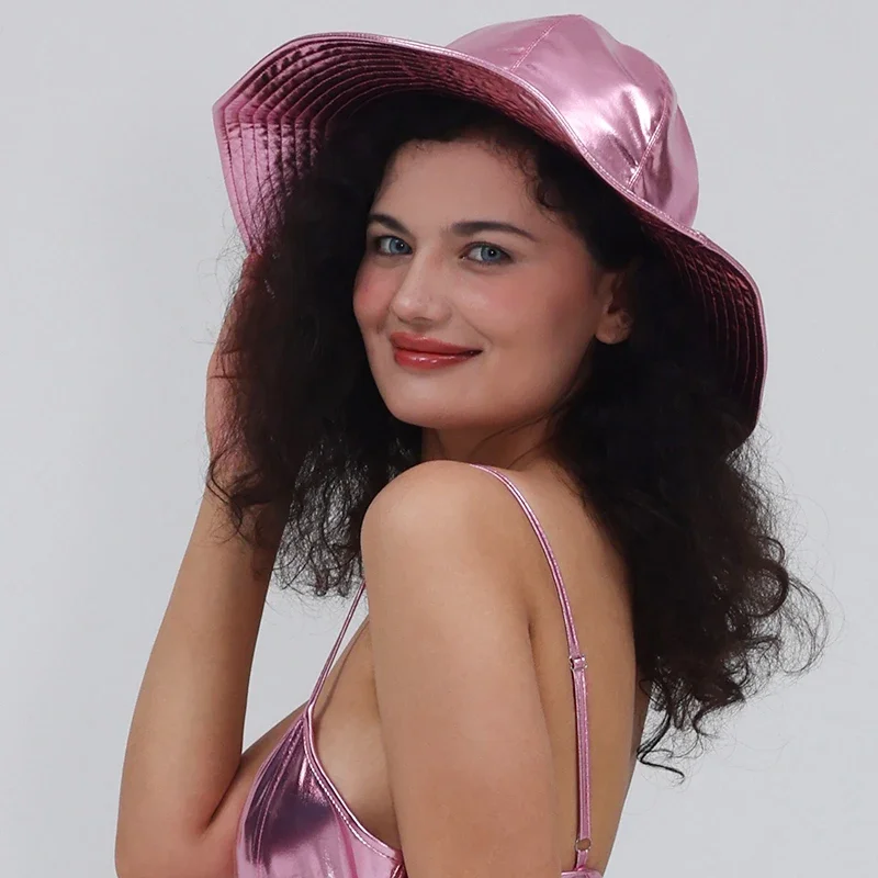Kapelusz typu bucket hat z szerokim rondem, metaliczny, błyszczący, dwukomorowy, w stylu hip-hopowym, jednolity kolor, uniwersalny, model 2025.