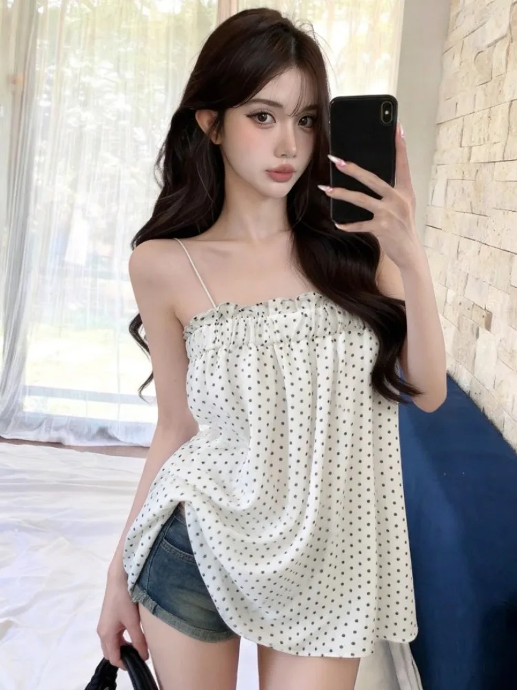 

Retro Sexy Polka Dot Print Chiffon Strap Vest One Shoulder Loose Slimming Backless Single Wear Straight Tube Top Trendy