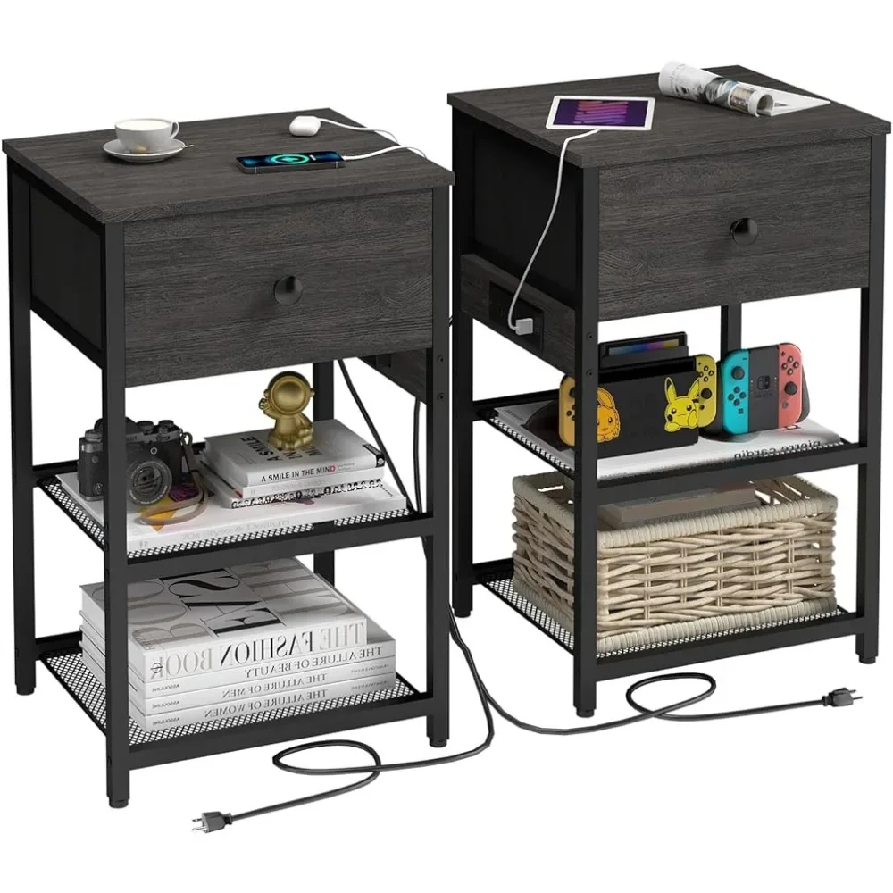 

Grey Side Table With USB Ports and Outlets for Bedroom End Table for Small Spaces Living Room Tea Corner Wood Interior Square