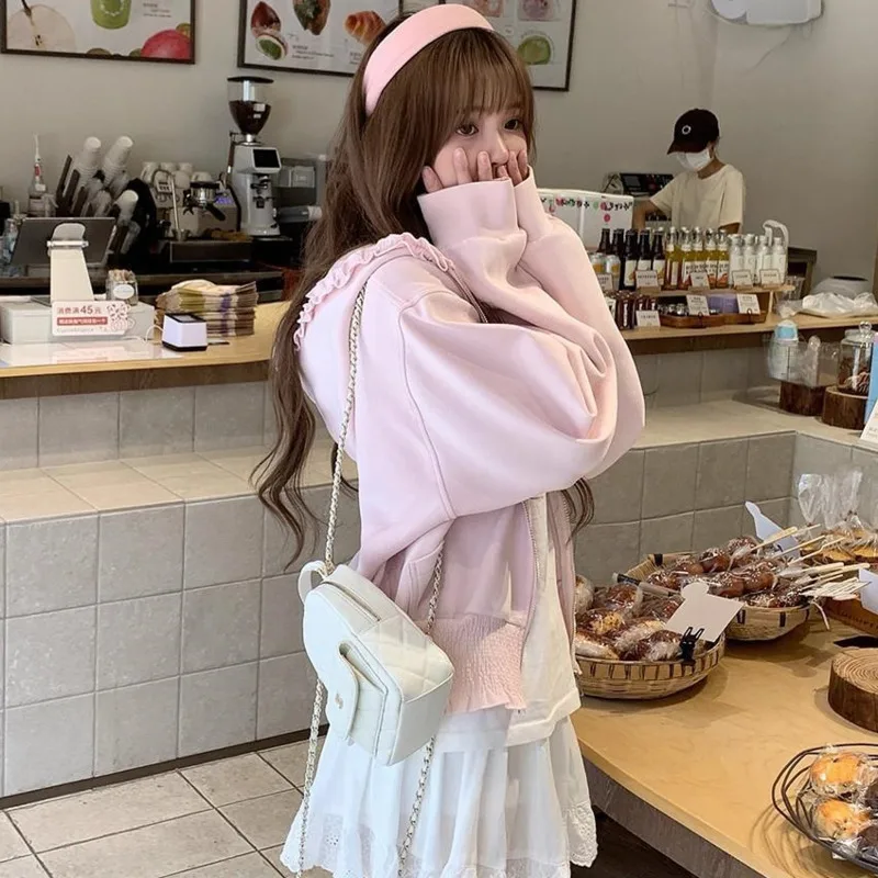 Lace Y2K Pink Hoodie Sweet Women Ruffle Hooded Sweatshirt Korean Fashion Loose Top Spring Autumn Casual Streetwear Jacket New