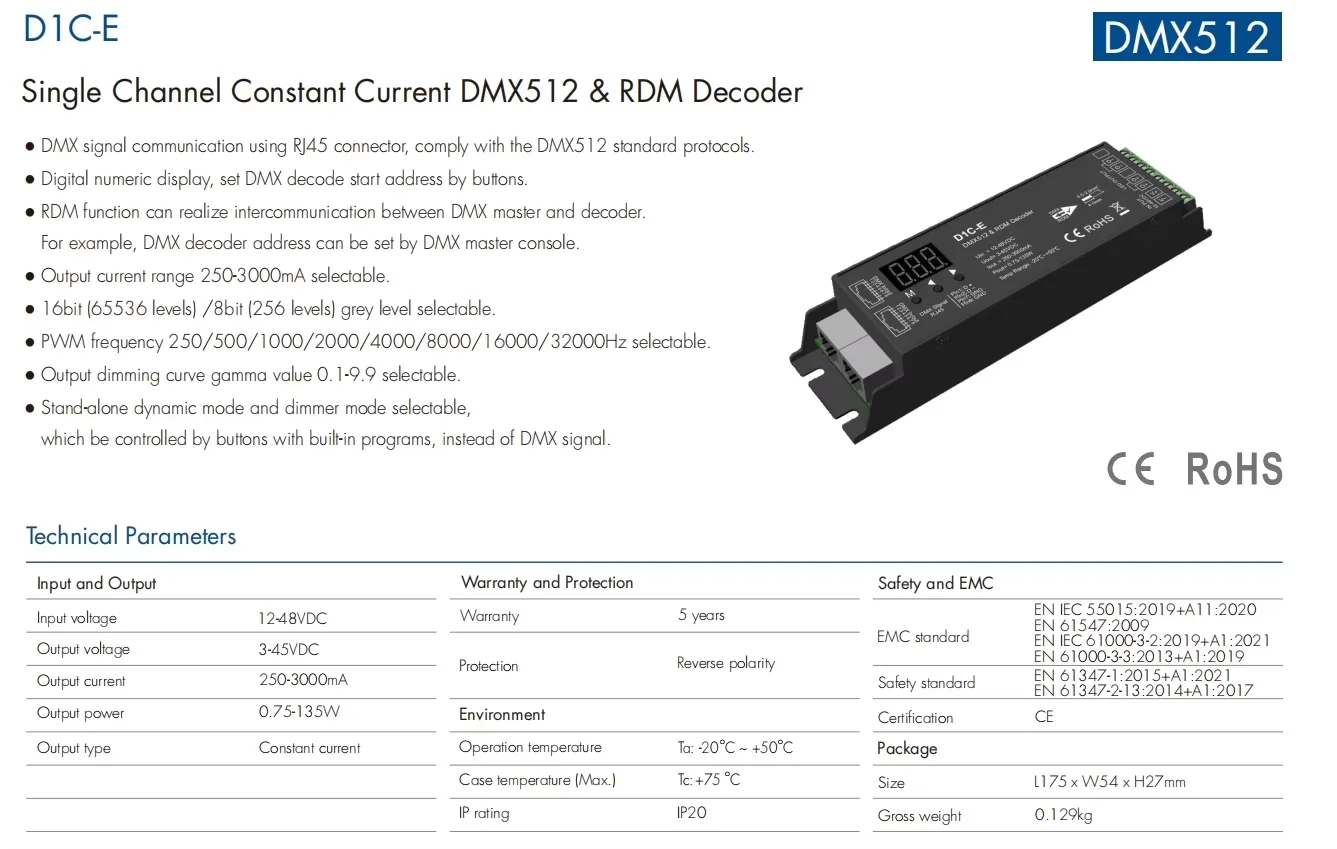 (250-3000mA) DMX512 & RDM Decoder 1CH Constant Current D1C-E Single Channel DMX Master 16/8bit Digital Numeric Display DC12-48V