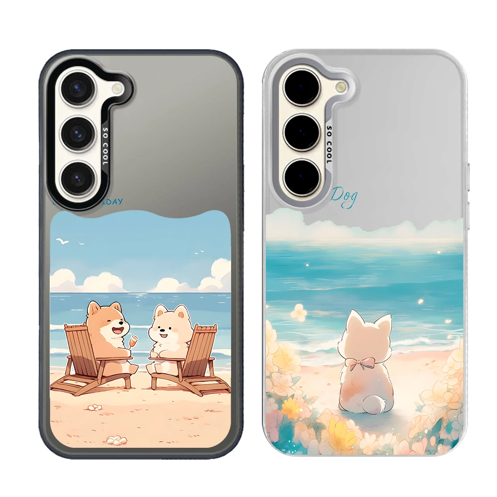 Silver Plated IMD Phone Case For Samsung S26 S25 S24 S23 S22 Ultra S20 S10 S21 FE 5G Plus Cover Cute Cartoon Dog Seaside Rabbit