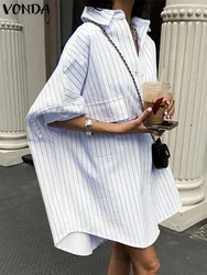 Plus Size 2024 Women Shirt Dress VONDA Casual Loose Long Sleeve Stripe Splicing Mini Robe Sundress Holiday Daily Elegant Vestido