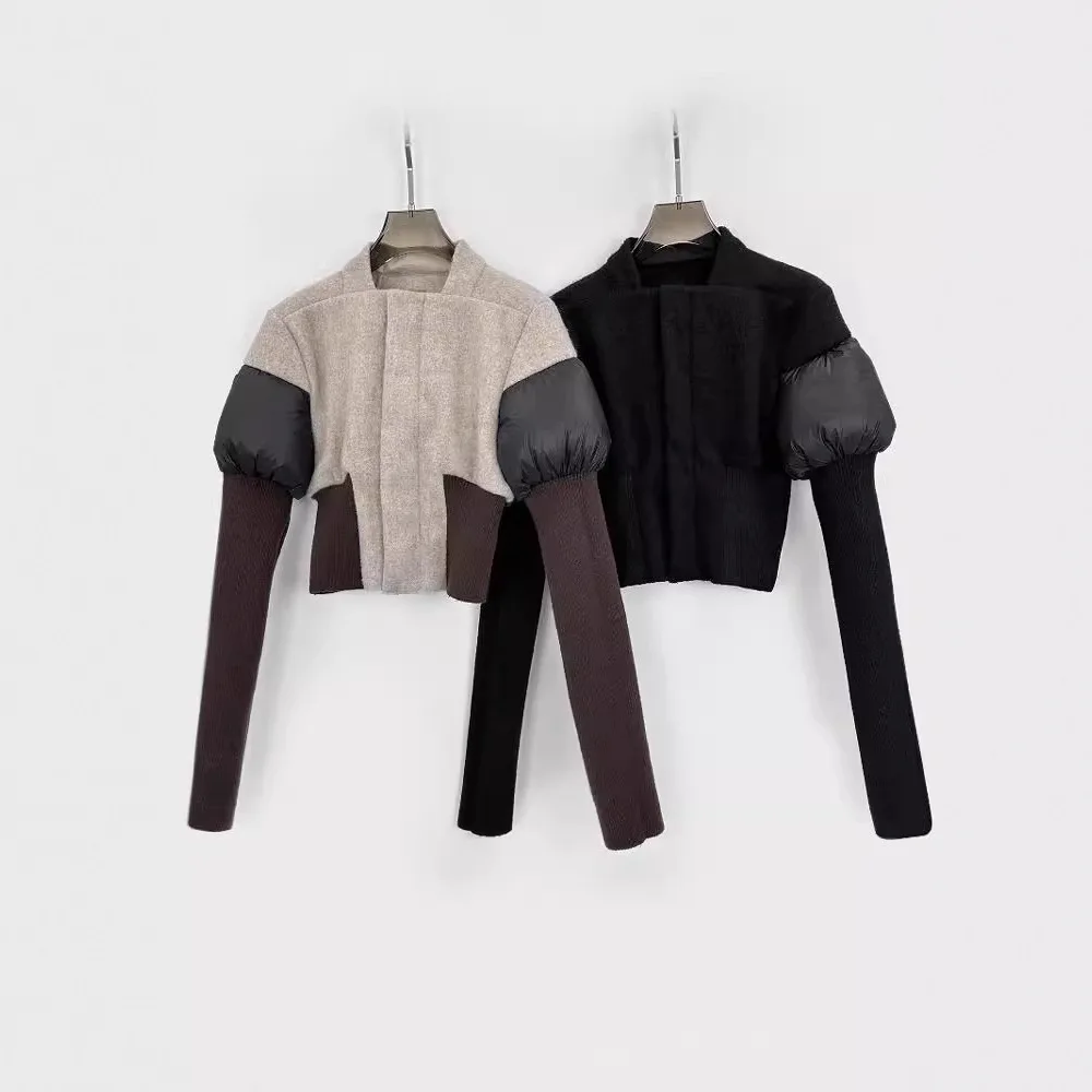 

2025AW темный стиль, женский полушерстяной твидовый пуховик со вставками, женские повседневные модные пальто, женская одежда