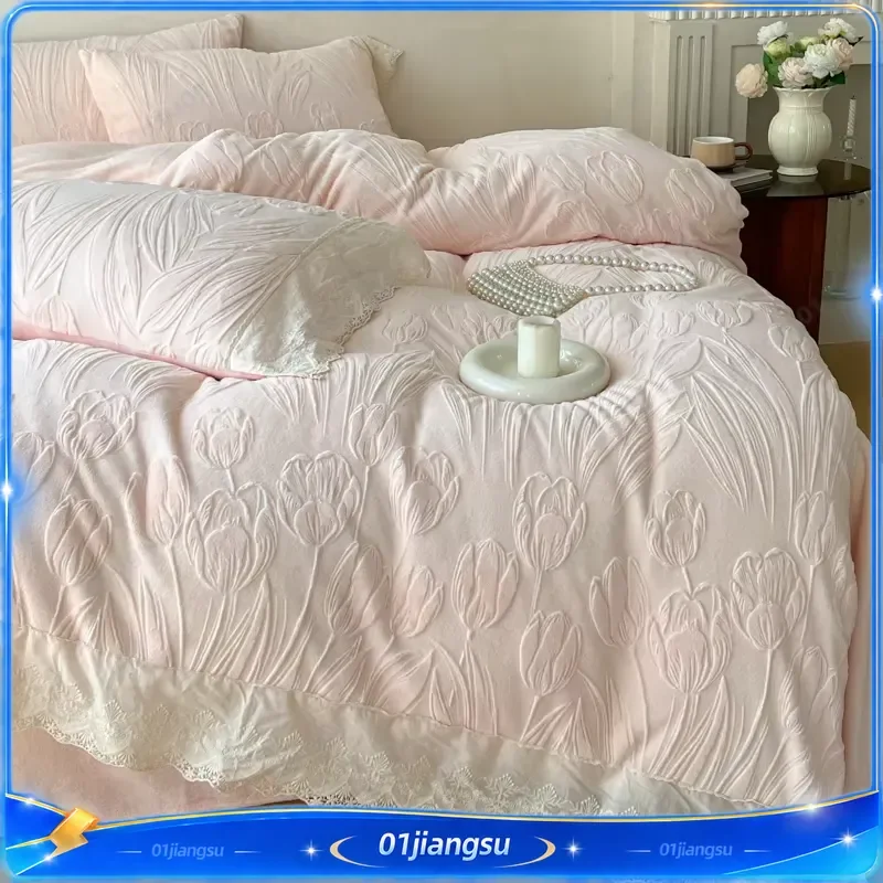 Tulip Flowers Lace Ruffles Princess Style Bedding Set Velvet Warm Winter Duvet Cover Flat Fitted Bed Sheet Pillowcases 4Pcs