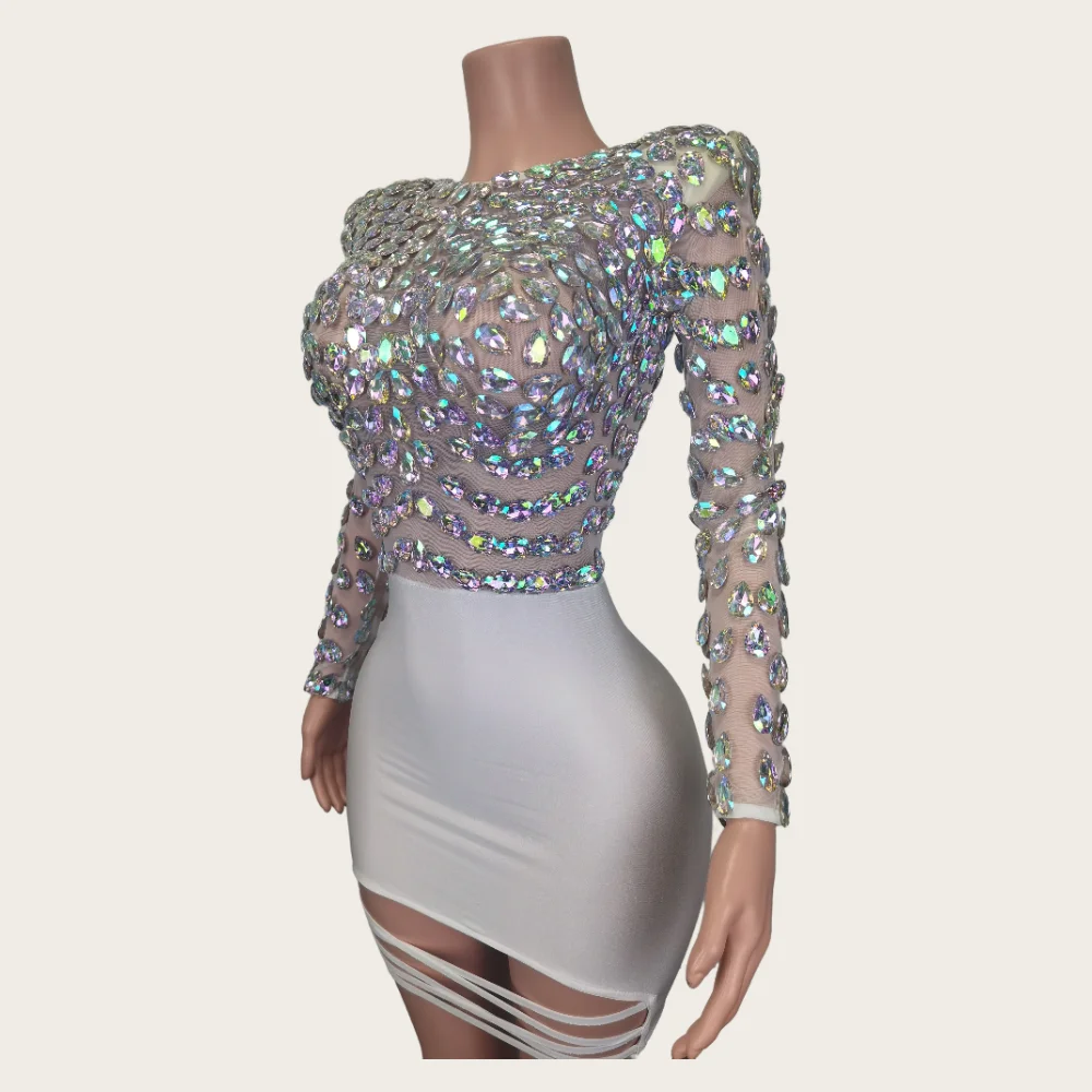 Fashion Long Sleeves White Crystal Rhinestone Hip Wrapped Night Gown Sexy Casual Elegant Women Club Prom Party Dress Stage Wear