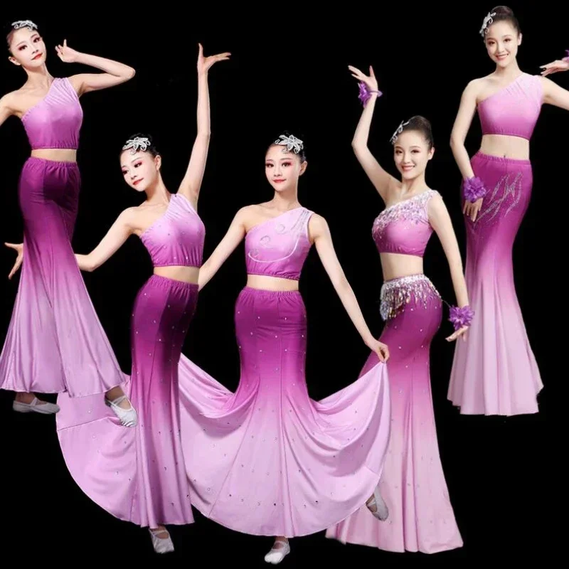 Traditional Classical Fishtail Dress Chinese Folk Dance Peacock Dance Clothing Fishtail Skirt Suits Chinese Dai Dance Costumes