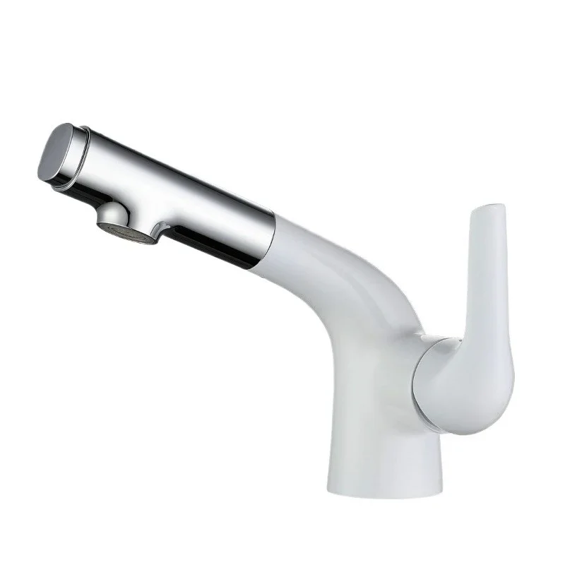 

White pull-out washbasin faucet, all-copper household bathroom faucet pull-out washbasin