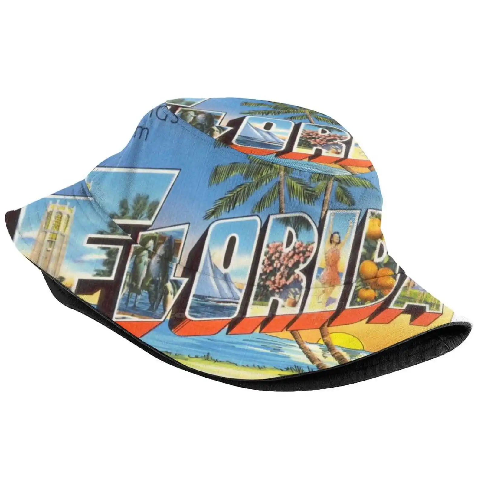 Greetings From Florida , The Land Of Sunshine Pattern Design Printed Travel Bucket Hats United State Vintage Urban Buildings