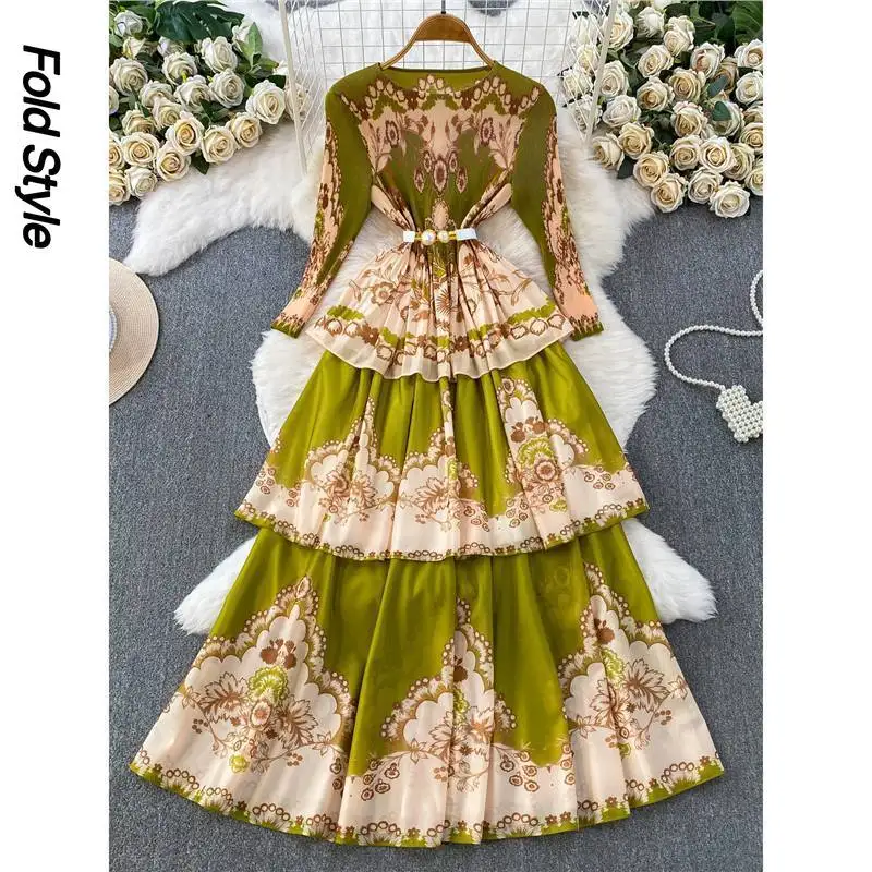 2026 Miyake Retro Style Pleated Printing Long-sleeved Dress for Women Autumn Waist and Thin Cake Commuter Temperament Long Dress