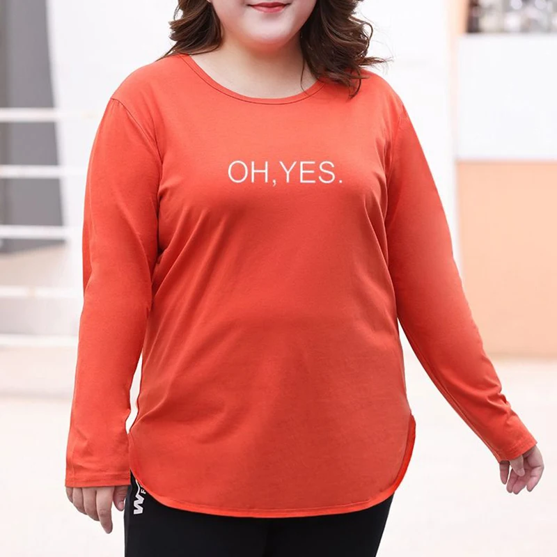 Autumn Winter Fashion Temperament Korean Plus Size T-shirt Women Casual Simple Design Letter Long Sleeve Cotton Print Lady Tops