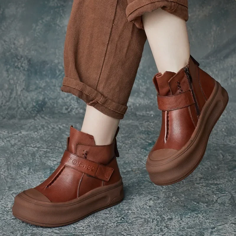 Birkuir retro plataforma plana botas de tornozelo para mulheres lado zip gancho loop botas curtas apartamentos de luxo artesanal botas de couro genuíno