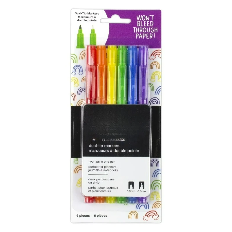 

Dual-Tip Marker Pen Set, Broad & Extra-Fine Tips, Rainbow Color Palette, 6 Count
