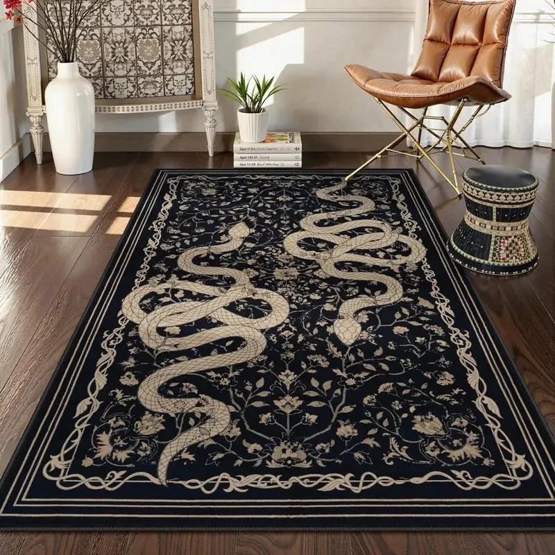 VIKAMA Dark Gothic Snake Floral Carpet Antique Floral Border Print Soft Non Slip Mat Mystic Boho Bedroom Entryway Decor Rug