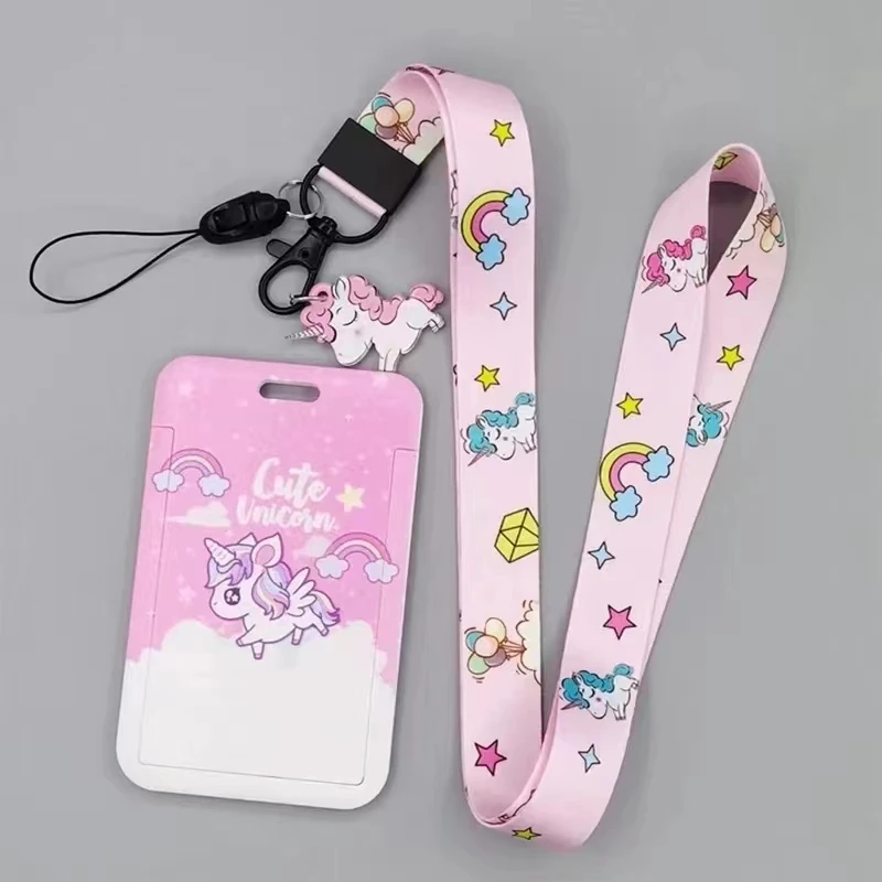 Linda funda con cordón de unicornio para identificación, Soporte para tarjeta, funda para teléfono móvil, funda de crédito bancaria, correa para el cuello para niñas, estudiantes adolescentes