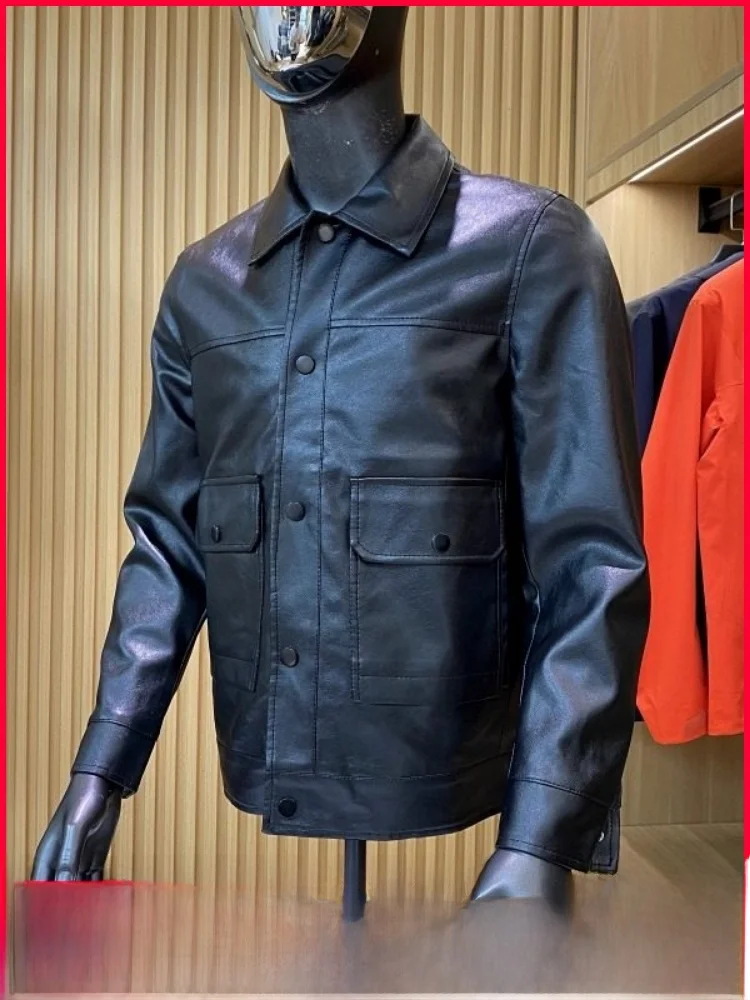 

Мягкая гладкая кожаная куртка мужская повседневная ветрозащитная осенняя модная городская молодежная прямого кроя с длинными рукавами и декоративными пуговицами