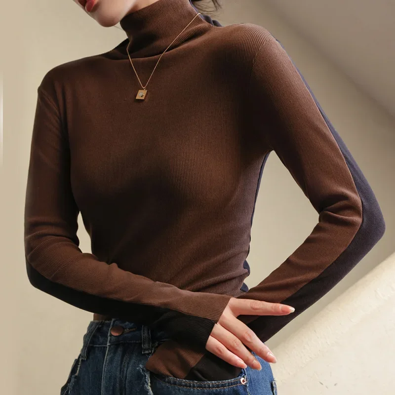 Patchwork Turtleneck Slim Sweater Women Front Back Long Sleeve Threaded Pullovers Office Lady Autumn Winter Elegant Base Shirt