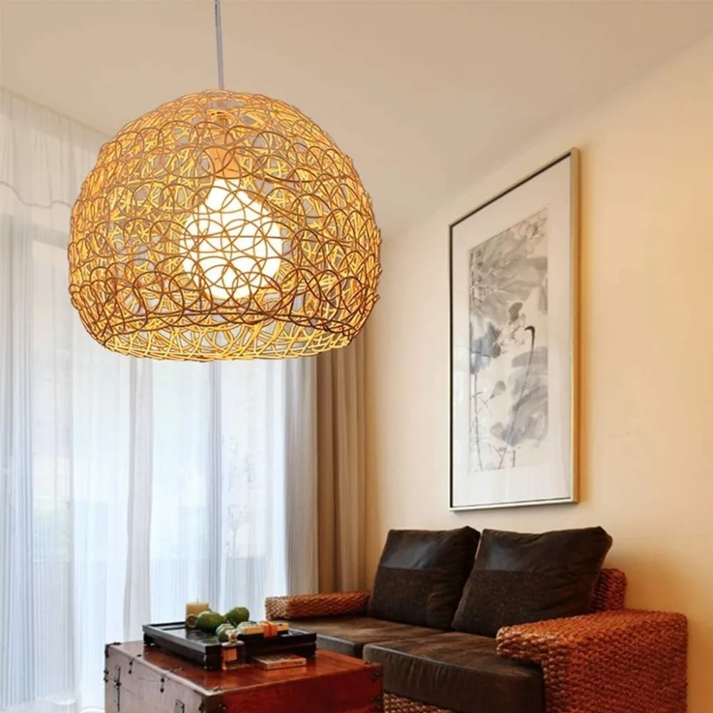 Japandi Rattan Chandelier Rustic Farmhouse Pendant Lights Woven LED Chandelier Living Room Home Decor Ceiling Hanging Light