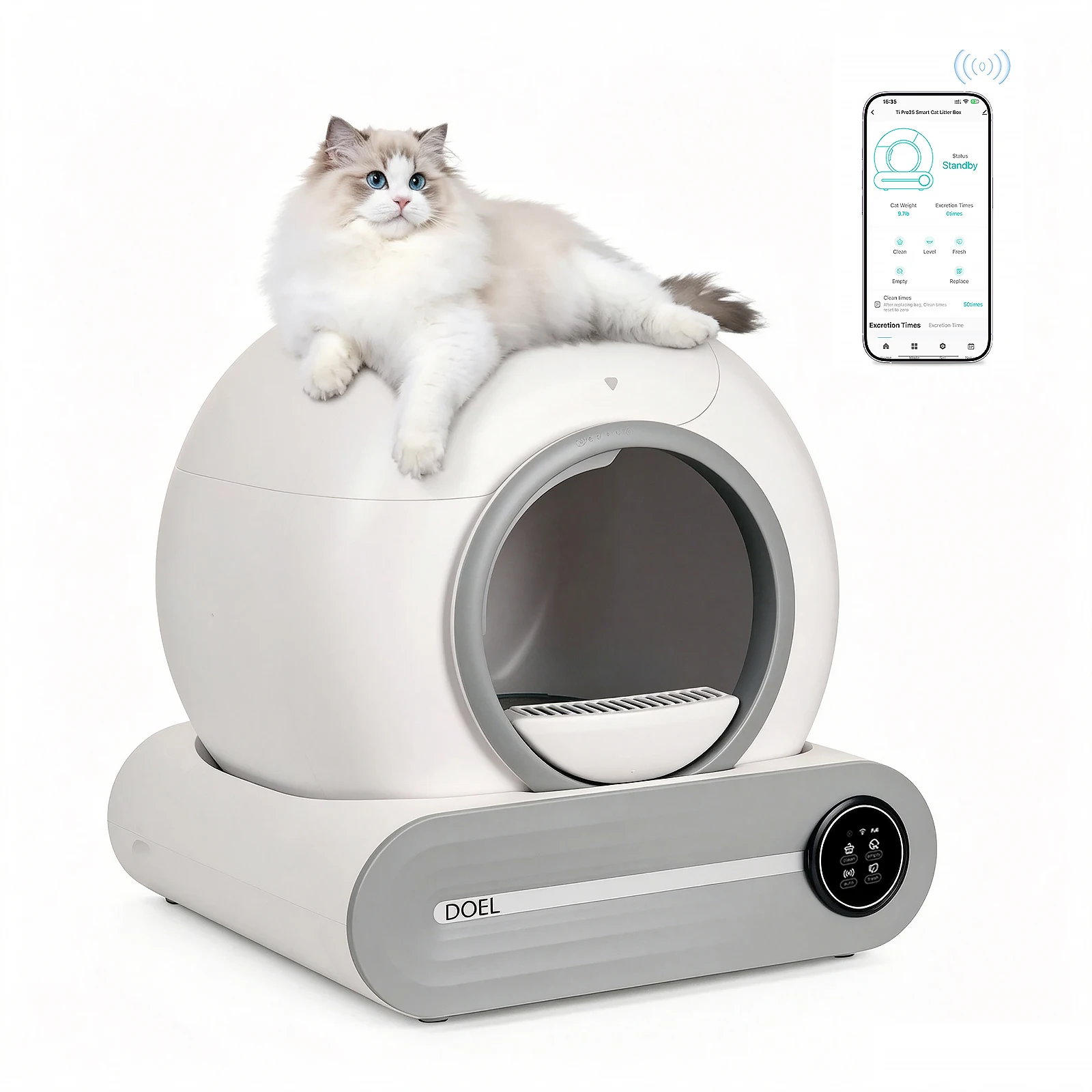DOEL 2026 Bac à litière intelligent automatique amélioré, Bac à litière autonettoyant pour chat grande capacité 65L, Contrôle par application, Wi-Fi 2.4G uniquement, Neutralisation des odeurs par ions, Compatible avec les litières agglomérantes, Idéal pour les maisons multi-chats