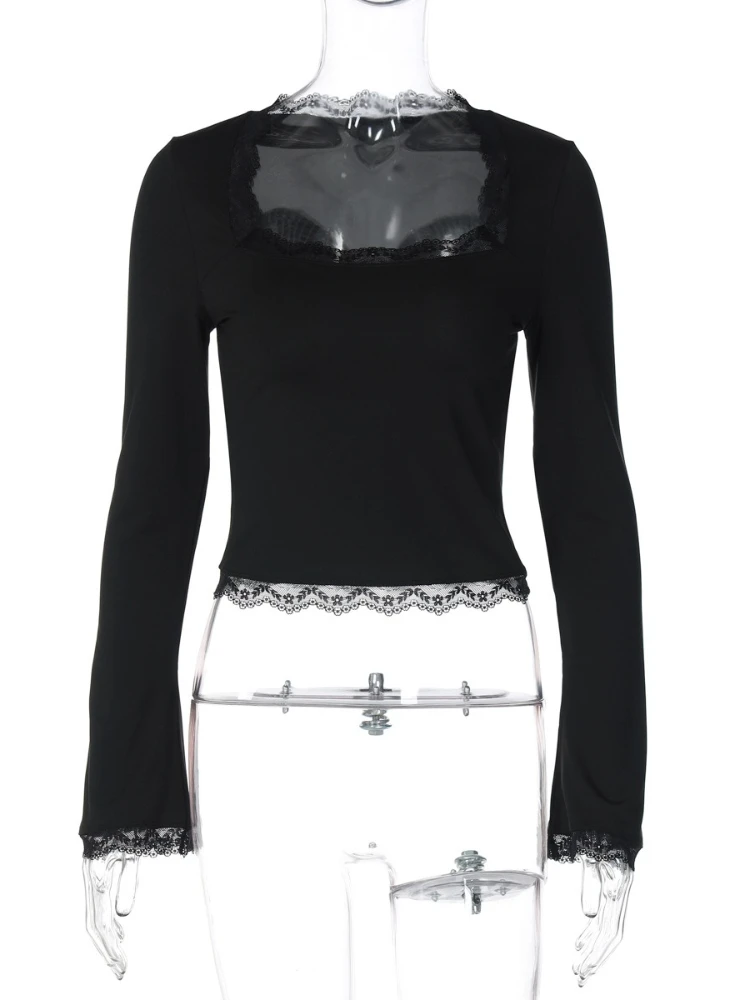 FDYOUI レースパッチワーク長袖 Tシャツストリート Y2K 女性服カジュアルファッションスクエアカラースリムピンク Tシャツトップス