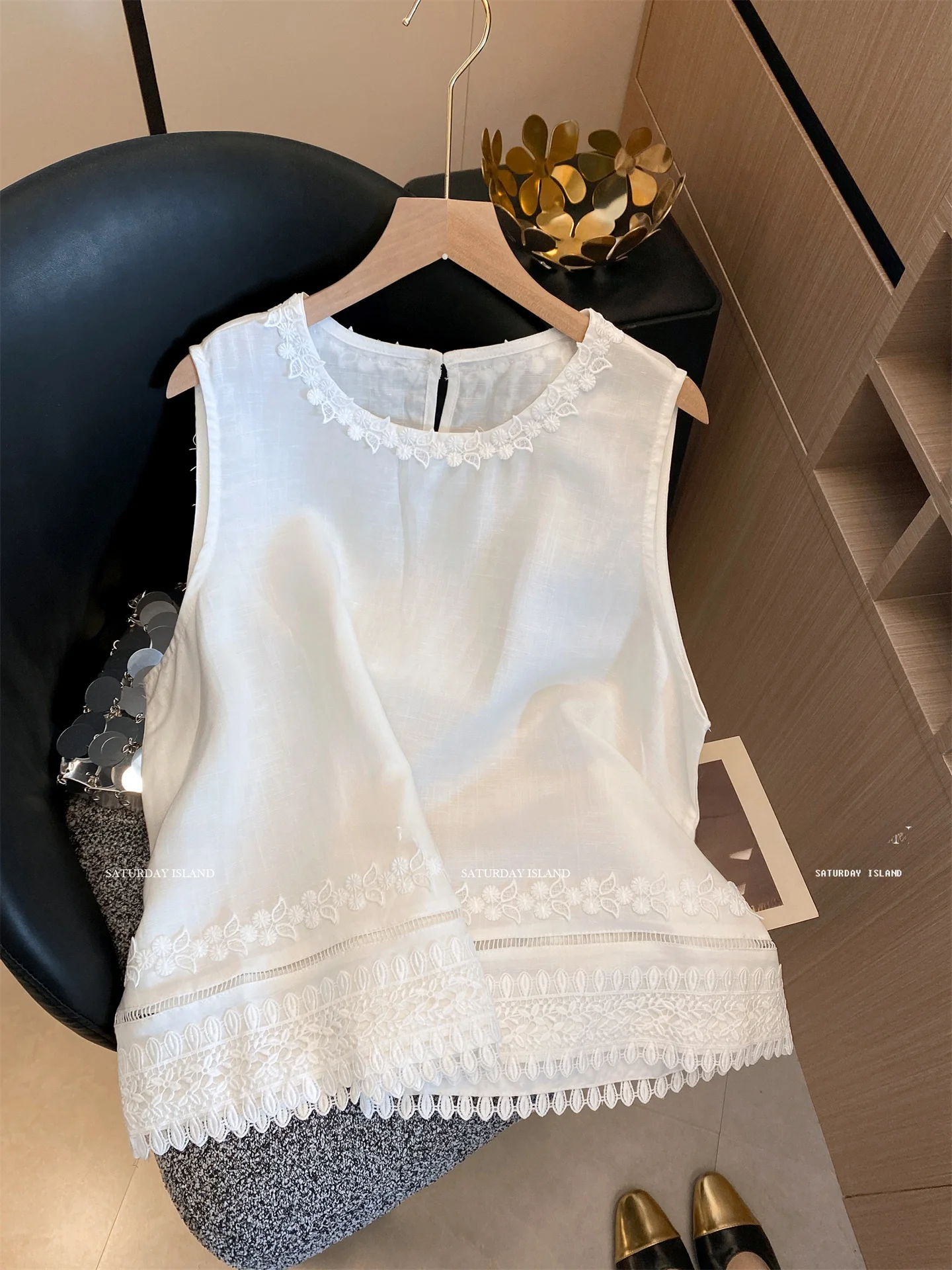 

Французский хлопковый льняной жилет с кружевной отделкой Ne Svel, женский летний новый элитный топ с атмосферой, повседневная одежда