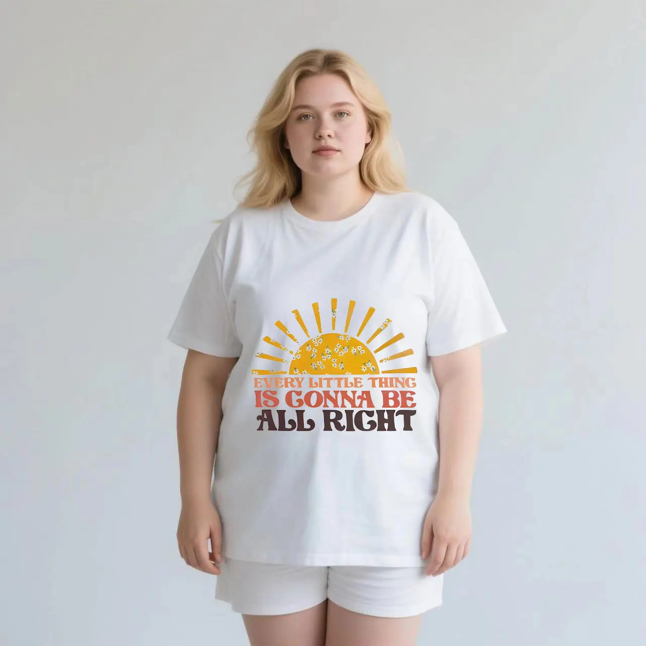 

Cartoon Sun English Print plus size Ladies' casual short sleeved T-shirt white
