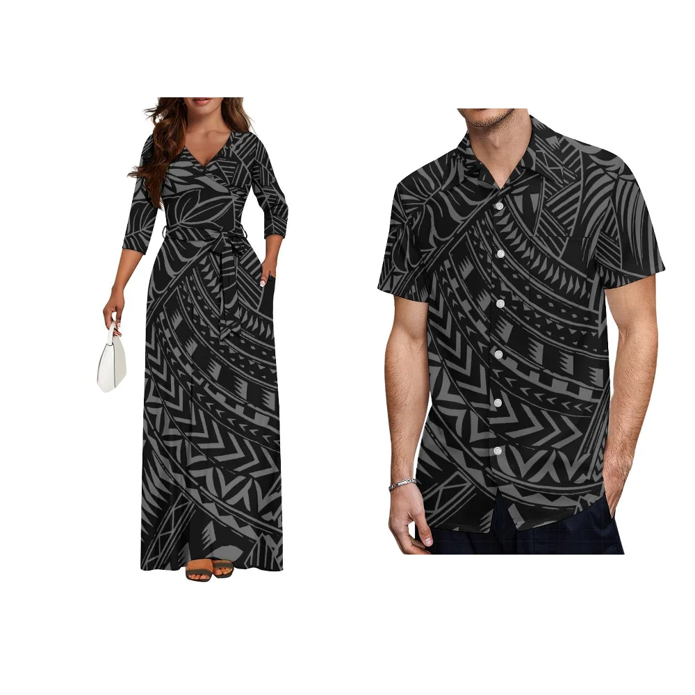 V-Neckline With Pocket Waistband Dress Elegant Maxi Samoan Couple Party Dress Custom Pocket Shirt Custom Polynesian Style