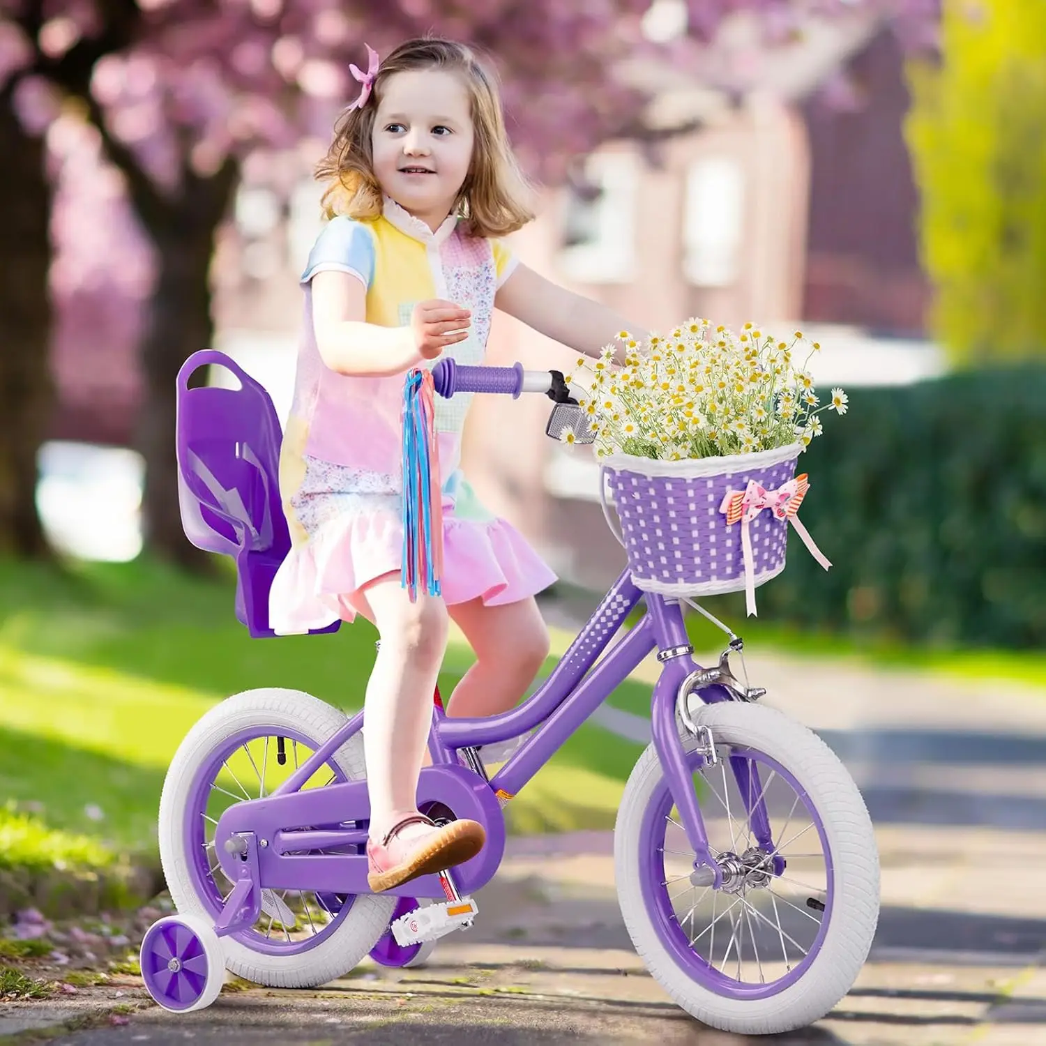 Girls Bike for 2-12 Years Old Toddlers and Kids, 14 Inch Kids Bike with Basket and Bell Training Wheels, Adjustable Sea