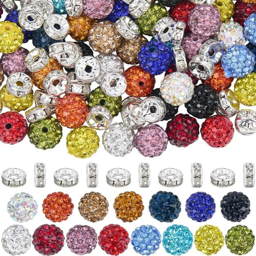 

180Pcs 10mm Round Rhinestone Beads Disco Ball Bead Bulk Polymer Clay Bubblegum Small Spacer Pen Bead Charms
