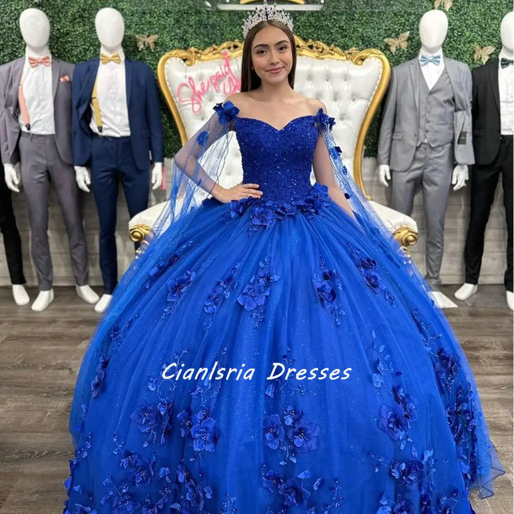 

Royal Blue Off The Shoulder Crystal Quinceanera Dress Ball Gown 3D Flowers Appliques Corset Sweet 15 Vestidos De Quinceañera