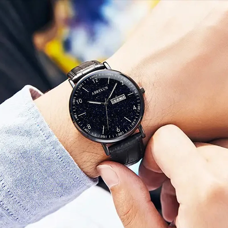 Abbylou 981 jam tangan pria Quartz, jam tangan kulit jaring langit berbintang tahan air untuk pria