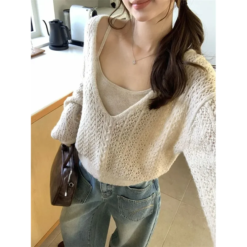 Women V Neck Hollow Out Cable Knit Cover Up And Cami Two Piece Set Mohair Long Sleeve Sweater Top