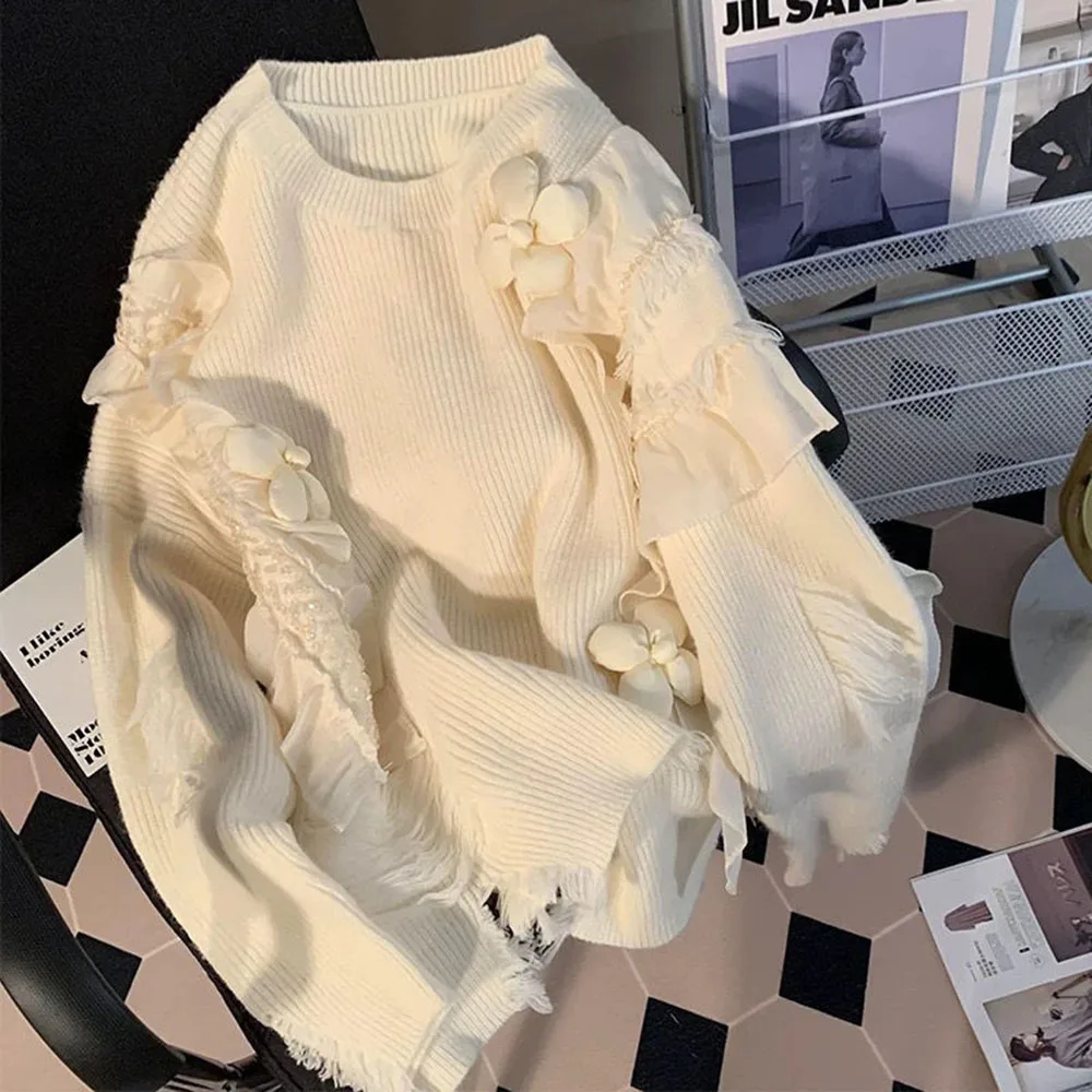 3D Flower Ruffles Patchwork Sweater Women Spring Autumn O-neck Long Sleeve Casual Sweet Knitted Pullover Ladies Fashion Knitwear