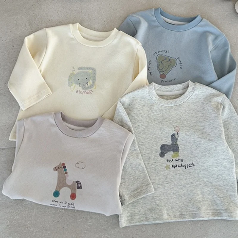 

Детская одежда из Кореи, весна 2026: Блузка с мультяшным принтом для мальчиков, синий свитшот с длинным рукавом для малышей