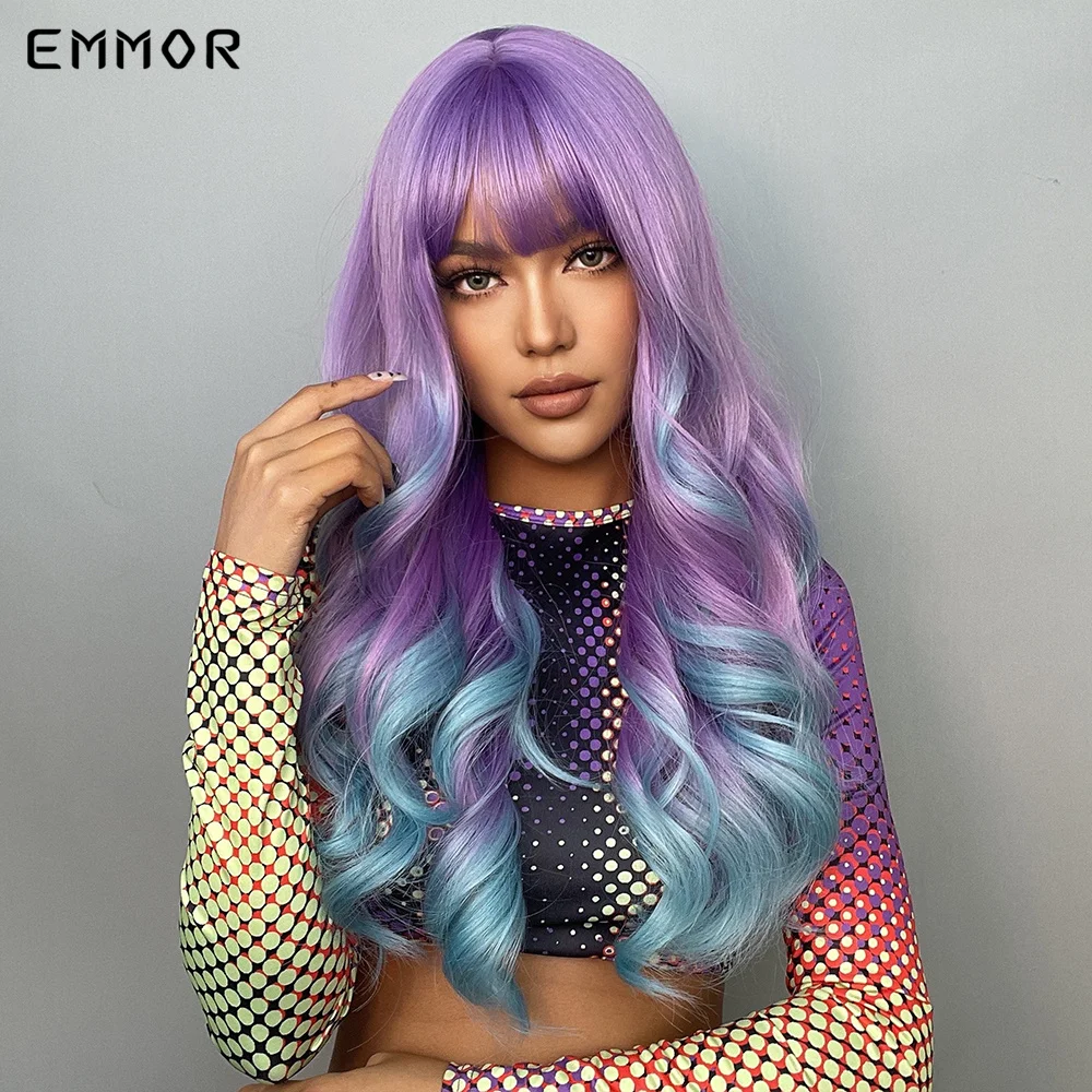 Blonde Emmor Synthetic Long Wavy Wig Ombre Purple to Blue For WOMEN Cosplay halloween Wigs Heat Resistant Fiber Bangs Hair