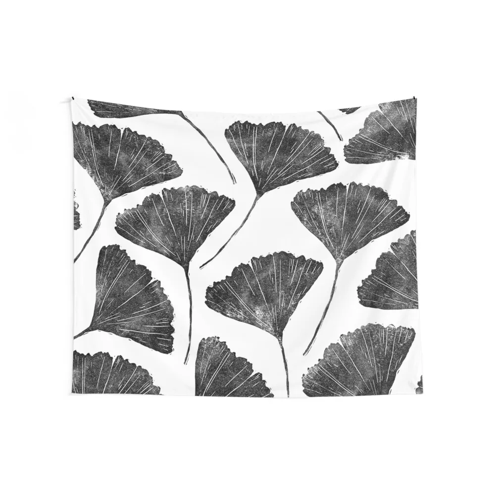 Ginkgo biloba, Lino cut nature inspired leaf pattern Tapestry For Bedroom Bedroom Decor Aesthetic Tapestry