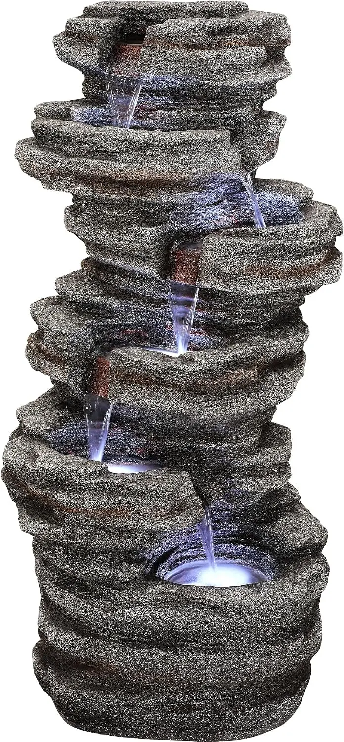 Rock Outdoor Water Fountain LED Lights 6 Tier Cascading Waterfall Garden Patio Porch Weather Resistant Polyresin Water Feature T